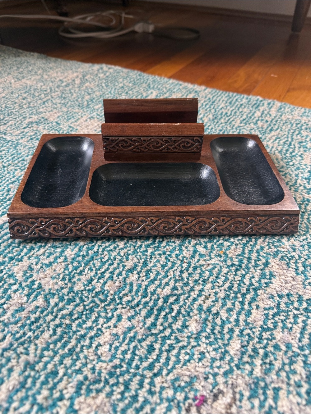 SWANK Brown Wood Carved Desk Organizer with Black Trays